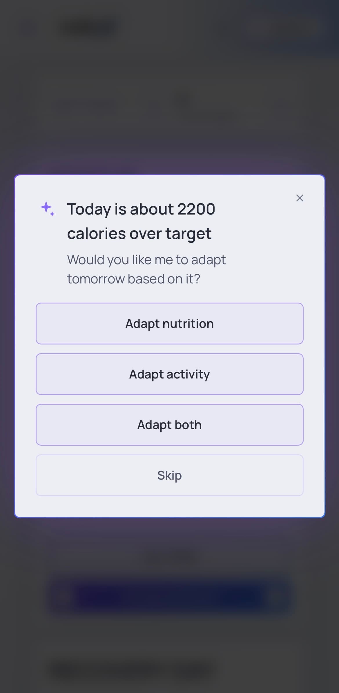 MR Z asking whether to adapt tomorrow's nutrition, activity or both after a logged meal