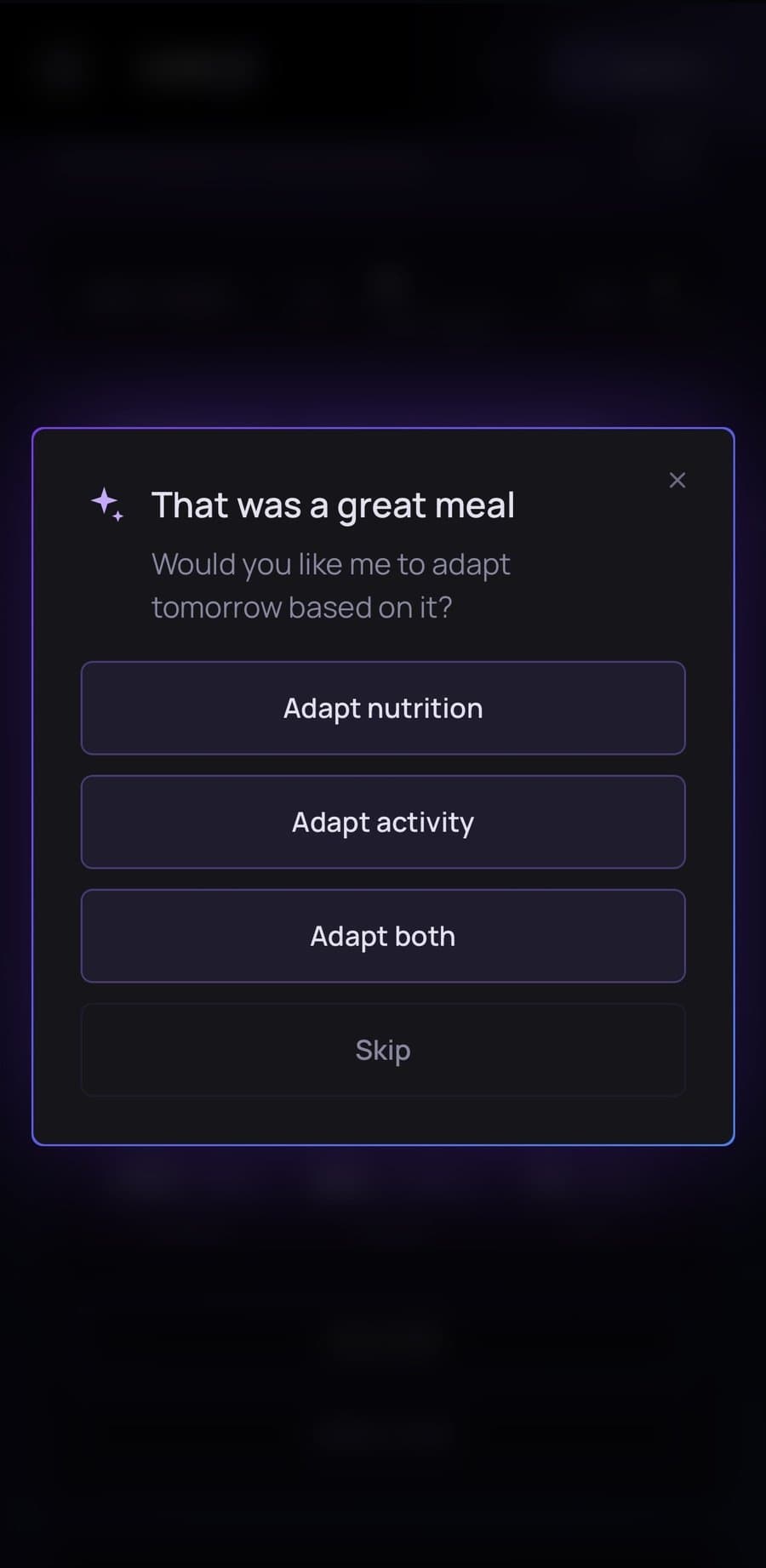 MR Z asking whether to adapt tomorrow's nutrition, activity or both after a logged meal