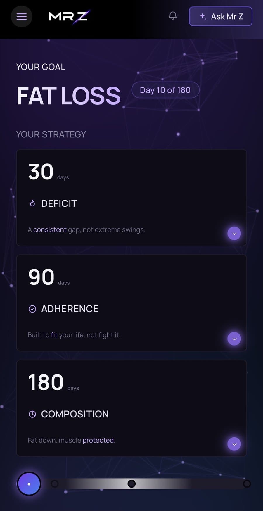 The Targets screen showing a fat-loss goal, day 10 of 180, and the 30/90/180 day strategy