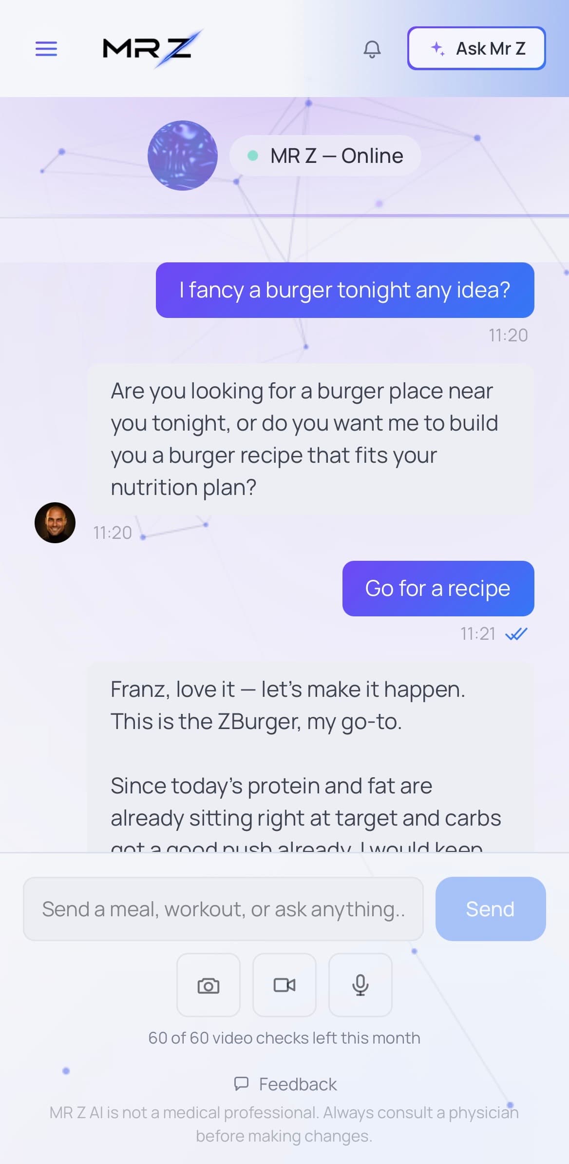 Chat with MR Z asking for a salmon dinner recipe and getting one back instantly