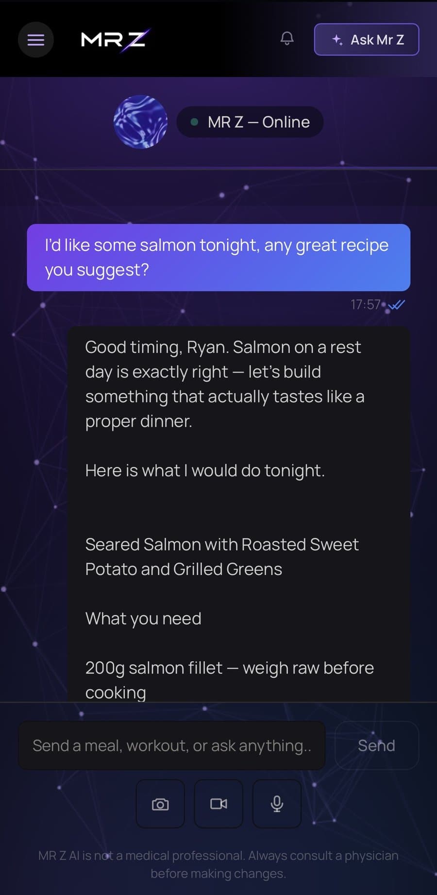 Chat with MR Z asking for a salmon dinner recipe and getting one back instantly