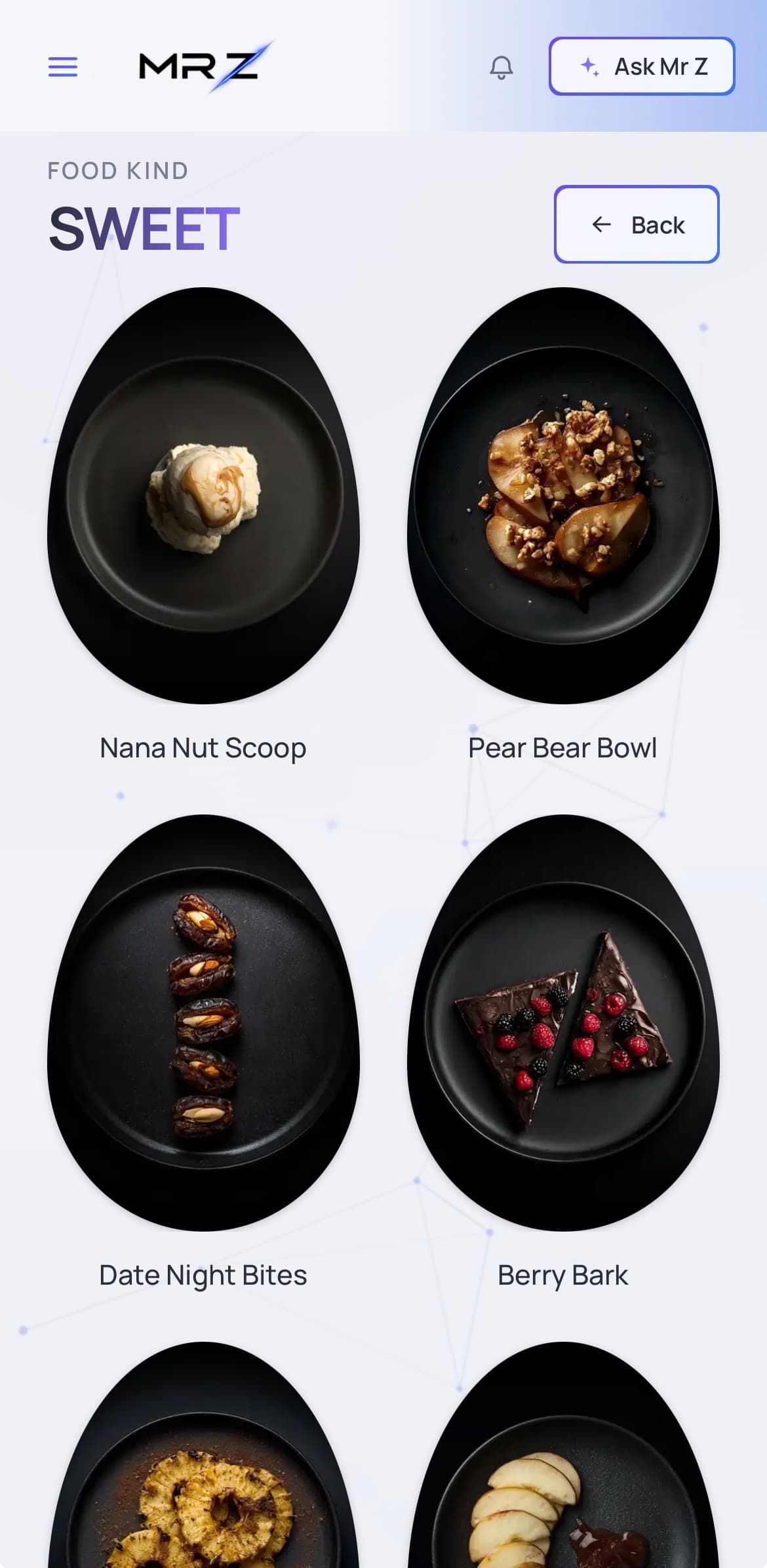 The Sweet cuisine category on a phone, showing a grid of dessert options