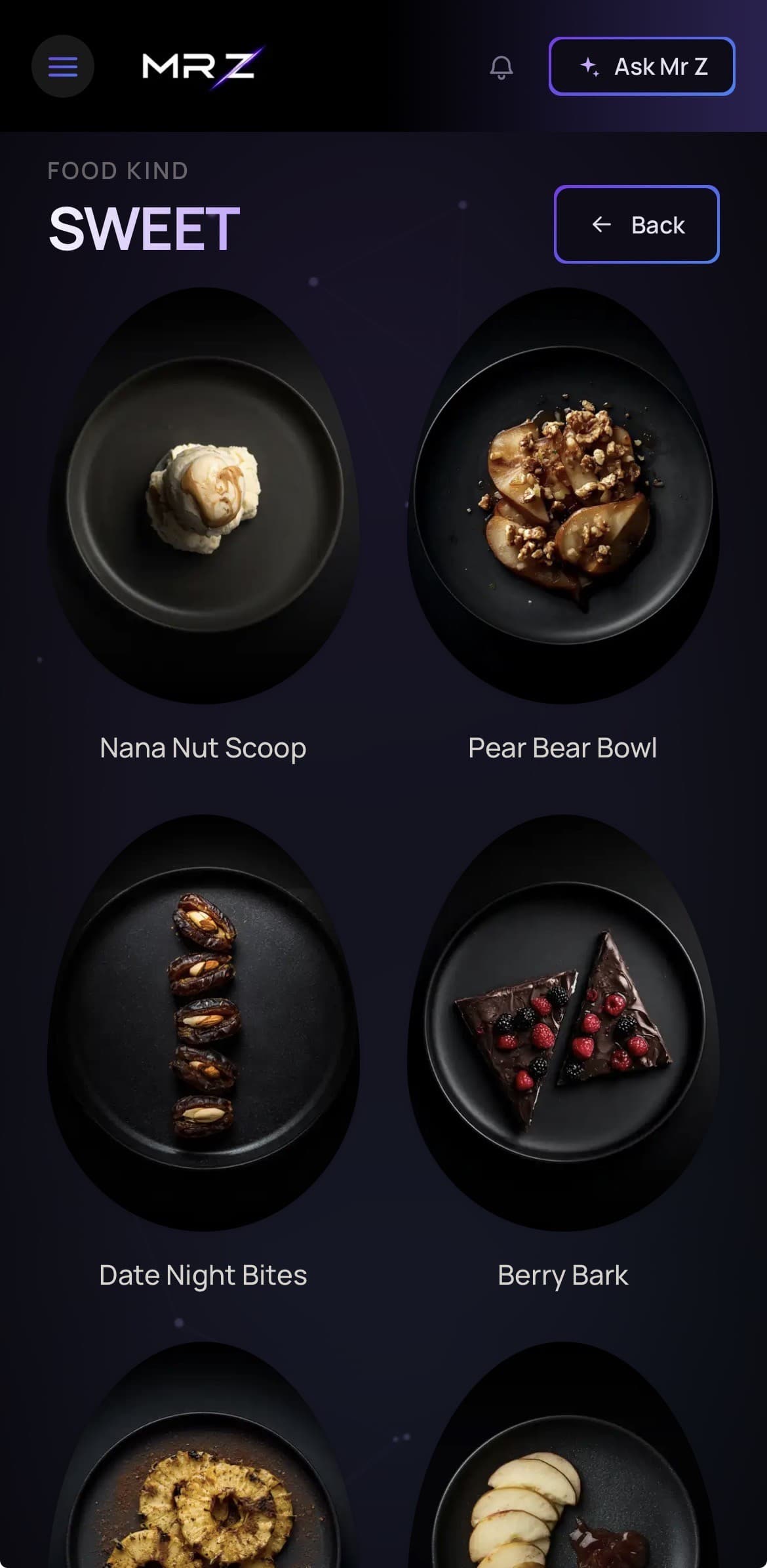 The Sweet cuisine category on a phone, showing a grid of dessert options