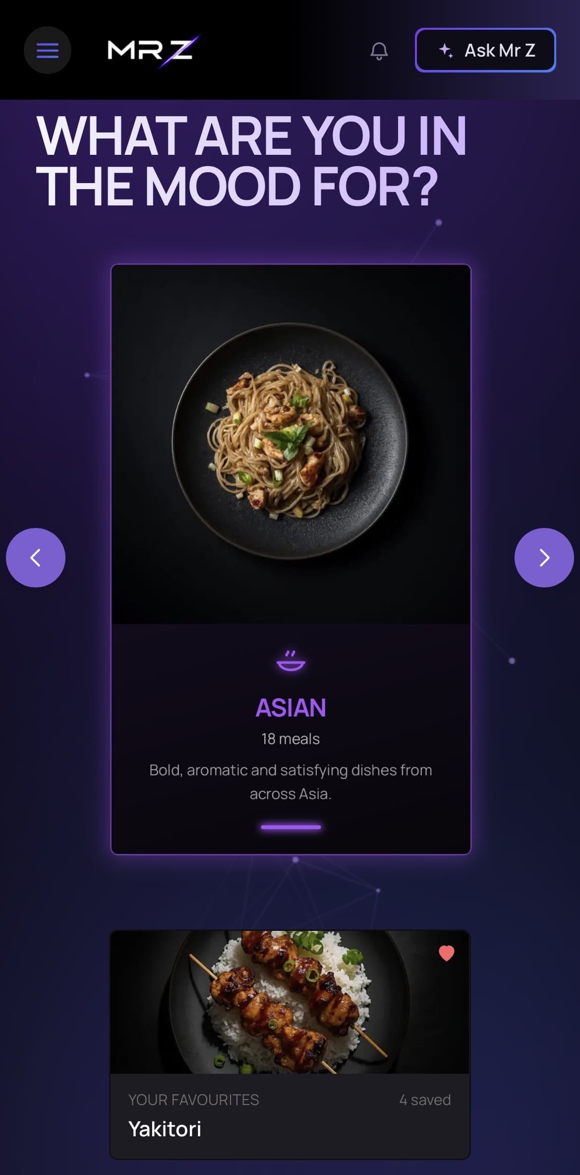 The what-are-you-in-the-mood-for cuisine grid on a phone, showing the Asian category