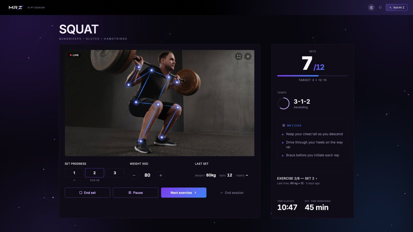 A live AI PT session tracking squat form with a real-time pose overlay, reps, tempo and cues